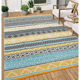 GlowSol Outdoor Rugs 9x12 Waterproof Portable Camping Carpet, Reversible Outdoor Plastic Straw Rug for Patio, RV Mat Bohemian Outdoor Rugs for Porch,Deck,Backyard,Balcony,Picnic,Yellow/Teal