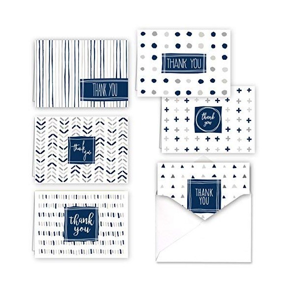 Navy Patterns Thank You Folded Assortment Card Pack - Set of 36 Cards, 6 Designs - 6 Cards per Design, 4 7/8'' x 3 1/2''. Blank Inside. Made in The USA. Blank White envelopes Included.