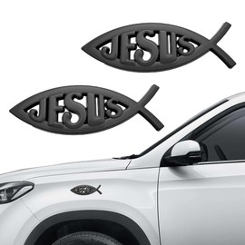 HQRNYP 2PCS Jesus Fish Decal Sticker, Jesus Fish Car Emblem, Aluminum Alloy Christian Badges Decals, Auto Accessories Waterproof Christian Symbol Emblem Sticker for Car Window Laptop (Black)