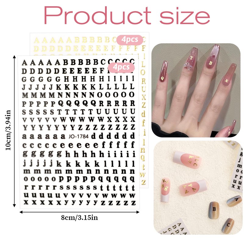Letters Nail Art Stickers, 8Sheets Gold Black English Alphabet Nails
