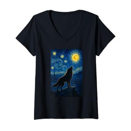 Womens Starry Night Van Gogh Inspired Wolf Lover Art V-Neck T-Shirt
