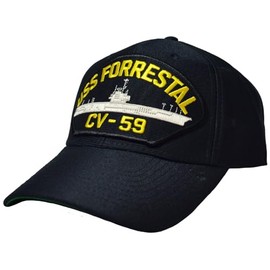 Artisan Owl USS Forrestal CV-59 Aircraft Carrier Patch Hat – Adjustable Embroidered Baseball Cap for Military Veterans, US Navy Ship Emblem, Comfortable Fit (Navy Blue)