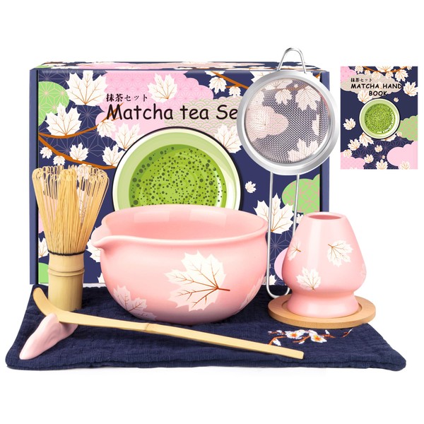 Matcha Set (8 PCS),Pink Matcha Whisk Set Inclded Ceramic Matcha