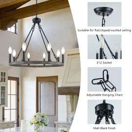 KMaiPem Farmhouse Wagon Wheel Chandelier, 8 Lights Modern Rustic Round Chandeliers, Metal Wagon Wheel Light Fixture for Dining Room Entryway Living Room Foyer Bedroom, Black Faux Wood Finish