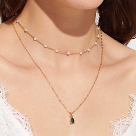 Iaceble Boho Layered Crystal Pearl Necklace Teardrop Emerald Pendant Necklace Gold Pearl Chain Necklace Green Gemstone Necklace Chain Jewelry for Women and Girls