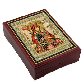 Needzo Rosary Box Madonna Icon Box Virgin Mary Crowned Box for Prayer Beads Jewelry Crowned Madonna and Christ Wooden Keepsake Holder, 5 Inch Religious Gift