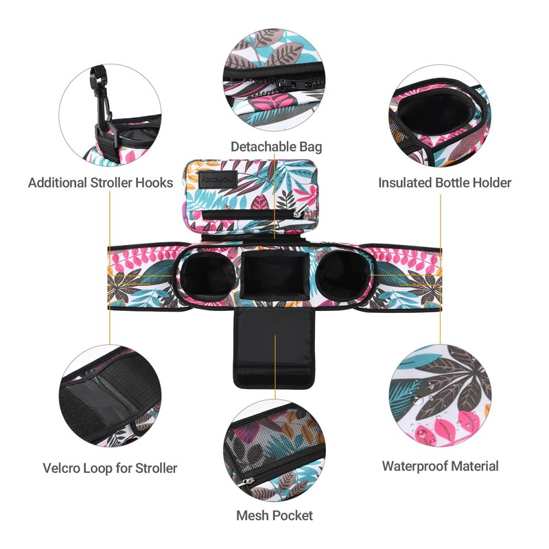 Momcozy Universal Stroller Organizer, 2 Insulated Cup Holders, Removable Zip