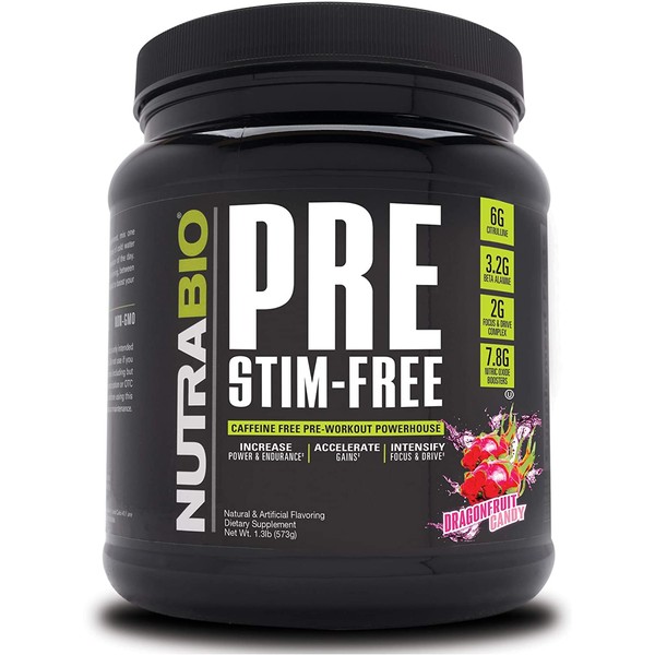 NutraBio PRE Stim Free – Caffeine Free Pre Workout Powder - Sustained Energy, Mental Focus, Endurance - Clinically Dosed Formula - Beta Alanine, Creatine - Dragonfruit Candy