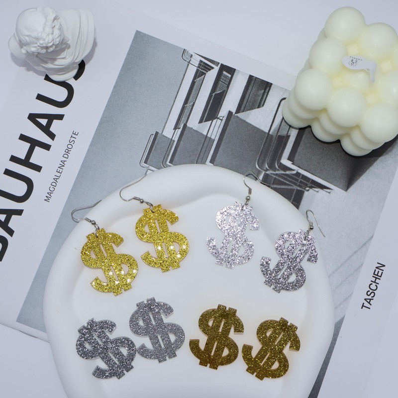 Sparkly Dollar Sign Dangle Earrings Acrylic Shiny Dollar Money Stud