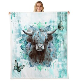 Erosebridal Safari Highland Cow Blanket for Kids Boys Girls Farm Animal Throw Blanket for Bed, Bohemian Mandala Fleece Blanket Teal Ombre Sherpa Blanket, Chic Butterfly Fuzzy Blanket