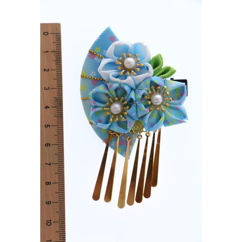 C-119-4 Blue Handmade Fan Shape Sakura Cherry Blossom Fabric Flowers