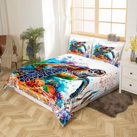 Feelyou Sea Turtle Bedding Set for Kids Boys Girls Ocean Comforter Cover Set Twin Size Reptile Tortoise Duvet Cover Bedroom Decor Coastal Bedspread Cover Bedding Collection 2Pcs(No Comforter)