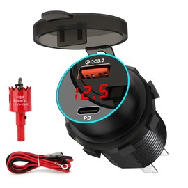 ShinePick USB Steckdose Auto Ladegerät für 12-24 V, Aluminiumlegierung, schnelles Aufladen, PD+ QC3.0, wasserdicht, mit digitalem Voltmeter für Motorrad, Auto, Wohnmobil, LKW, Boot