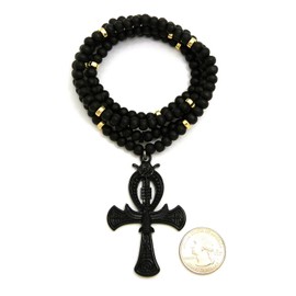 Fashion 21 Egyptian Key of Life Ankh Pendant 6mm 30" Wooden Bead Chain Necklace Jet Black Tone (Ankh)