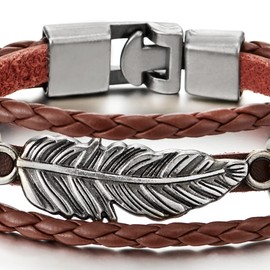 COOLSTEELANDBEYOND Vintage Feather Leaf Dark Brown Braided Leather Bracelet for Men Women, Three-Row Leather Wristband