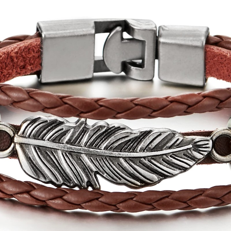 COOLSTEELANDBEYOND Vintage Feather Leaf Dark Brown Braided Leather Bracelet for