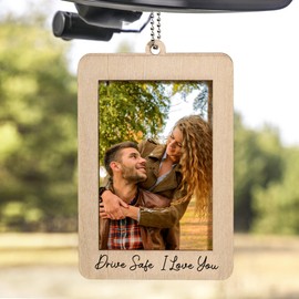 Car Decor Hanging Photo Frame, Drive Safe Wooden Car Picture Holder, Rear View Mirror Accessories For Car Decorations, Mini Car Picture Frame, Gift For Him for Her, Gift For Mom Gift For Dad from Kids