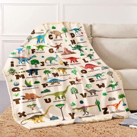 HommomH Dinosaur Alphabet Blanket for Kids Boys Girls, A-Z Learning Chart with 26 Dinosaurs, Dino ABC Fleece Throw Blankets for Couch Bed, 40 x 50 Inches, Beige