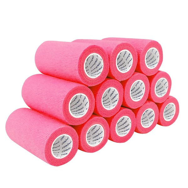 COMOmed Self Adherent Cohesive Bandage Latex 4"x5 Yards First Aid Bandages Stretch Sport Wrap Athletic Tape for Wrist Ankle Sprain and Swelling,Hot Pink(12 Rolls)