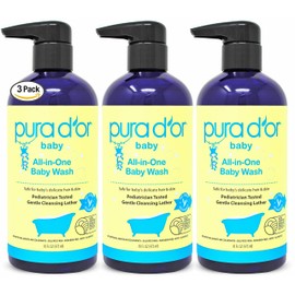 PURA D'OR All-in-One Baby Wash (16 Oz x3 = 48 Oz) USDA Biobased, Zero Sulfates, No Artificial Scents, Tear-Less, Hypoallergenic, Gentle, Calming 2-in-1 Baby Bath Wash & Shampoo