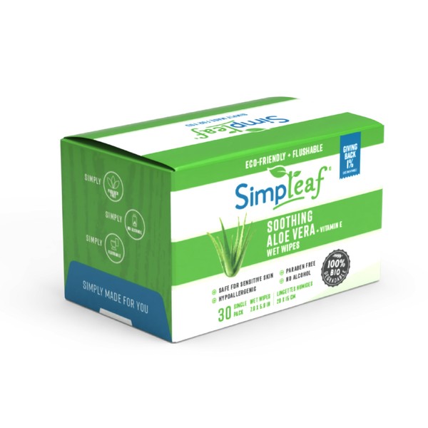Simpleaf Flushable Aloe Vera Single Pack Wet Wipes | Eco-Friendly Paraben & Alcohol Free | Hypoallergenic & Safe for Sensitive Skin | Soothing Aloe Vera Formula | (30 Single Pack Wipes)