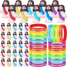 Mini Jesus Figurines with Jesus Love You Bracelet Silicone Wristband for Church Hide and Seek Christian Baptism Gift for Mother's Day Gift 2025 Graduation Party Favor (25/50/100 Sets) - Number: 100 Sets