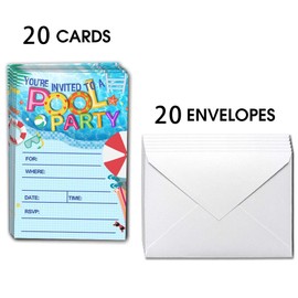 ukebobo 20 Pool Party Invitations with Envelopes - Double Sided - Birthday Invitations for Boys or Girls - Birthday Pool gaming Party Supplies - Family BBQ Cookout Fill in Invites