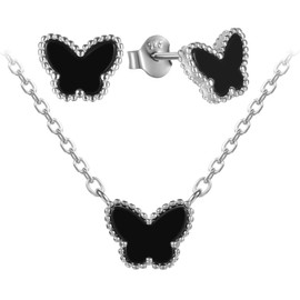 Evensee Butterfly Earrings 925 Silver for Women, Stud Earrings Necklaces Jewellery Set with Black Onyx, Elegant Gifts for Women Girls Girlfriend, Sterling Silver, Onyx