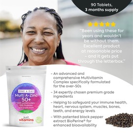 Multivitamins A–Zinc 50+ | 90 Vegan Tablets | Advanced Formula with 34 Nutrients | Supports Energy, Heart, Brain & Immune Health | with BioPerine® for Enhanced Absorption | UK Made | Just Vitamins