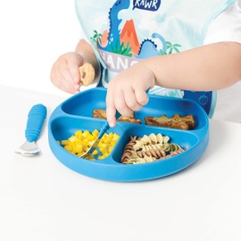 Bumkins - Plato de succión para bebés y bebés, plato de agarre dividido para bebés y niños, destete LED para bebés, suministros de alimentación, se adhiere a mesas y sillas altas, silicona platino, para niños de 6 meses, azul oscuro