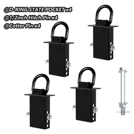 4Pack Trailer Stake Pocket D Rings Tie Downs Heavy Duty 18200lbs D-Ring Anchor 1/2 inch, Car Trailer Accessories Black，for Flatbed Trucks and Trailers
