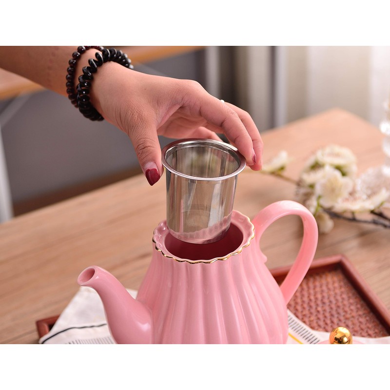 Jusalpha Porcelain Tea Set- Pink Teapot and Creamer Sugar Bowl