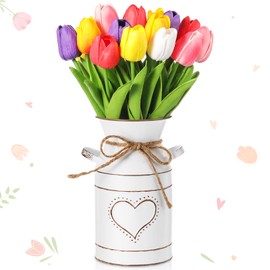 Uiifan 19 Pcs Easter Centerpieces for Tables Easter Office Decorations 18 Spring Artificial Tulip PU Flowers Bouquet with 1 Metal Pot Vase for Home Office Wedding Party Baby Shower(Bright Color)