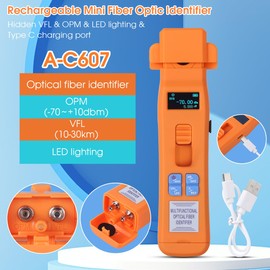 Live Optical Fiber Identifier Built in 20KM VFL & OPM - Rechargeable Fiber Optic Light Traffic Identifier with Wave Respond 800-1700nm - FTTH Identification Tool with 4 in 1 Clamp - Orange