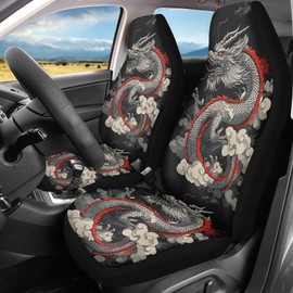 Mumeson Dragon Print Car Seat Covers 2 Piece Set Front Seat Protector Case for Mens Anti-Slip Dustproof Cars Cushion Covers Fit Most Vehicle, Cars, Sedan, Truck, SUV,Van Red Black