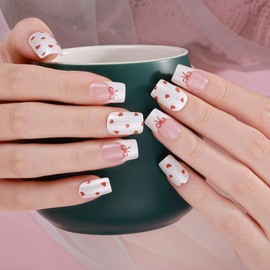 White French Tip Semi Cured Gel Nail Strips Valentines Day Heart Gel Nail Strips Polish Wraps Supplies Cute Bow Gel Nails Sticker Full Nail Wraps with UV Light Required Salon for Women Acrylic Nails