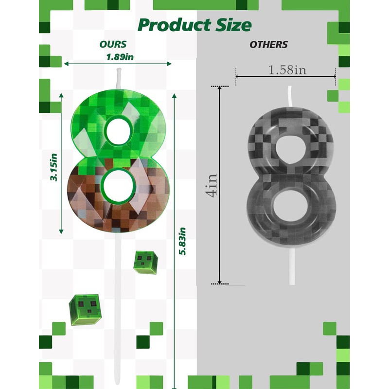 Number 8 Green Pixel Birthday Candle, 2.68 Inch Green Miner