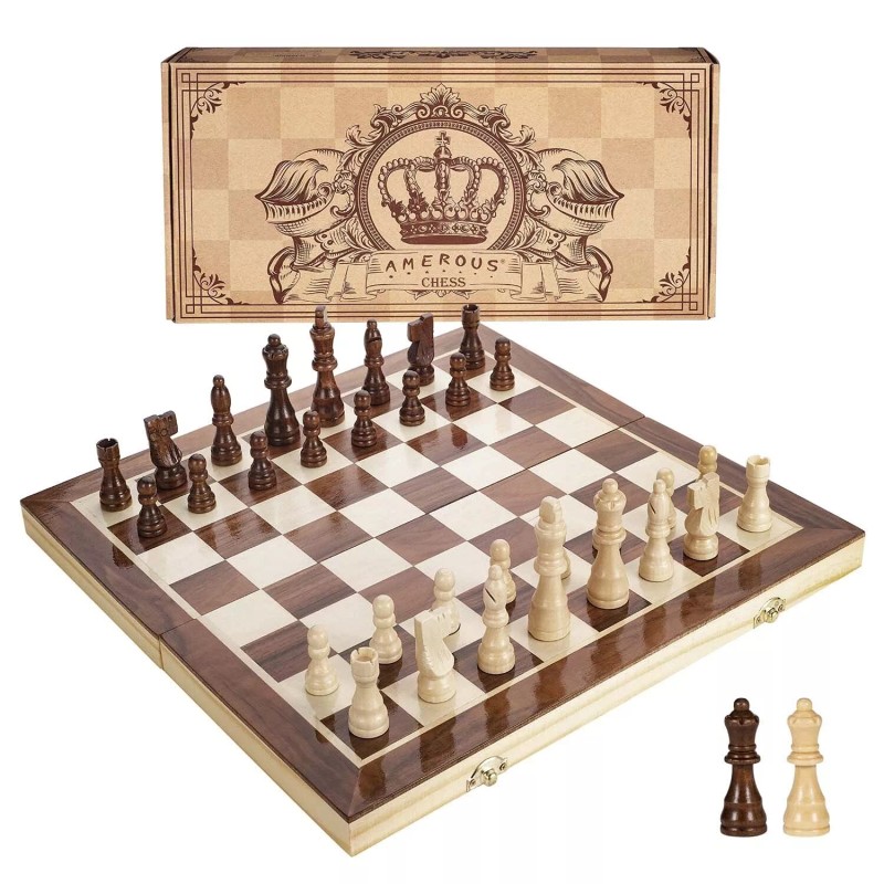 AMEROUS 15 Inches Magnetic Wooden Chess Set - 2 Extra