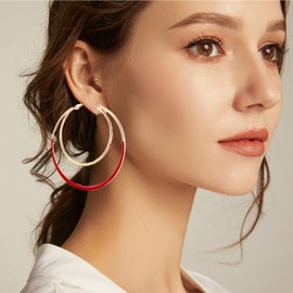 Hoop Earrings for Women Statement Double Circle Earrings Geometric Glazed Layers Oval Drop Dangle Earrings (Red)