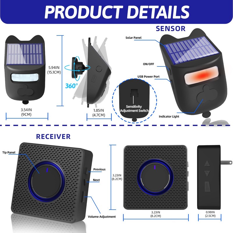 Solar Driveway Alarms Wireless Outside Weatherproof Motion Detector & Sensor
