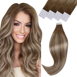 Vivien Tape in Hair Extensions Balayage Tape in Hair Extensions Real Human Hair Chestnut Brown Fading to Platinum Blonde Tape in Human Hair Extensions Double Sided 20pcs 50g #6/60/6 14inch