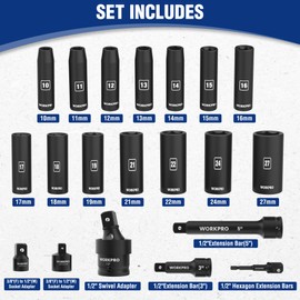 WORKPRO 20-Piece 1/2＂ Drive Deep Impact Socket Set, 6-Point, Cr-V Steel, 10-27mm, Universal Joint, Adapter and Extension Bar, Metric