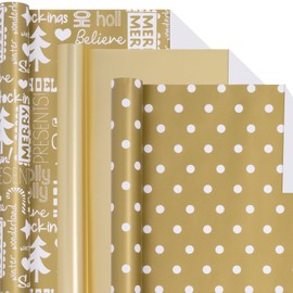 Toptime Christmas Wrapping Paper, 3 Mini Rolls White Gold Gift Wrapping Paper 17In x 120In, Metallic Solid Gold Wrapping Paper with Polka Dots Merry Christmas Design for New Year Holiday Birthday