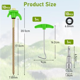 Flintronic 10Pcs Tent Stakes, 8" Heavy Duty Camping Stakes Rustproof, Metal Threaded Tent Spikes with Peg Extractor, for Hard Stony Ground and Gravel Pitches, Hiking, Camping Tent Accessories-Green