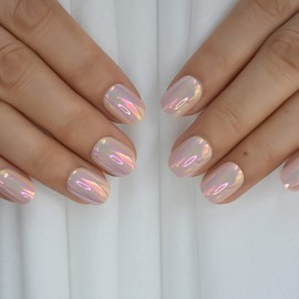 IKISKT Press On Nails - Iridescent Pink | Mirror Unicorn Chrome l UV Short Round False Fake Nails, Reusable Glue | 10 Sizes - 24 Nail Kit