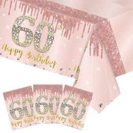 Xiliconie 3 Pack 60th Birthday Tablecloth Rose Gold 60th Birthday Decorations for Women, Happy Sixty Theme,Plastic Disposable Rectangular Table Cloth for Women Anniversary Retirement Party