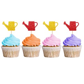 24PCS Watering Can Cupcake Toppers, Garden Tool Cupcake Toppers, Garden Watering Can Cupcake Picks for Bridal Shower, Flower Birthday/Garden Themed Party Decoration - Red & Gold Glitter