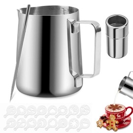 VASA NAMA 350ml/12oz Jarra para Espumar Leche, Jarra de Espumar Leche de acero inoxidable, Taza de jarra de vapor exprés, 16 moldes y coctelera de polvo de acero, Latte Art Pen/Barista Pen (Plata)