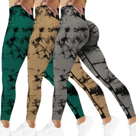 Jomkig 3 Pack Tie Dye Leggings for Women Seamless High Waisted Butt Lifting Workout Yoga Pants Black/Brown/Green S