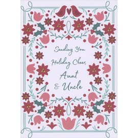 Designer Greetings Two Red Birds Above Red and Pink Flower Border Christmas Card for Aunt and Uncle